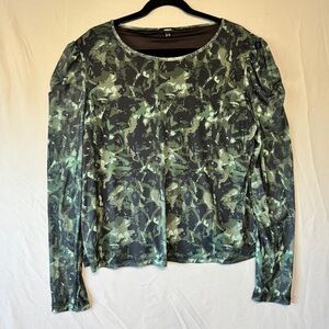 Mexx Womens Sheer Puff Sleeve Top Size XL Indie Forrest Fairy Grunge Camouflage